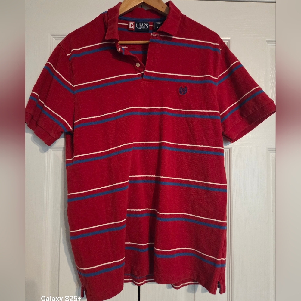 Vtg Chaps Ralph Lauren Men's Polo L LARGE Striped 90s Y2K Preppy RED WHITE BLUE